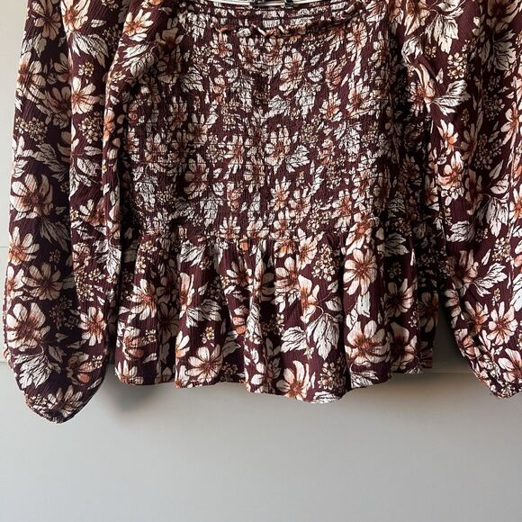 American Eagle Women Top XS Brown Floral Cropped Boho Smocked Peplum Peasant - Picture 3 of 11